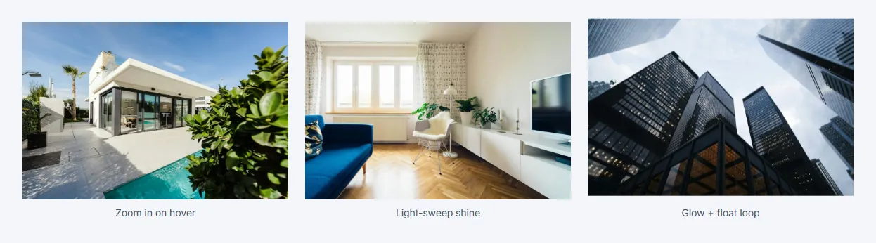 Elementor image hover effects: zoom, shine and glow