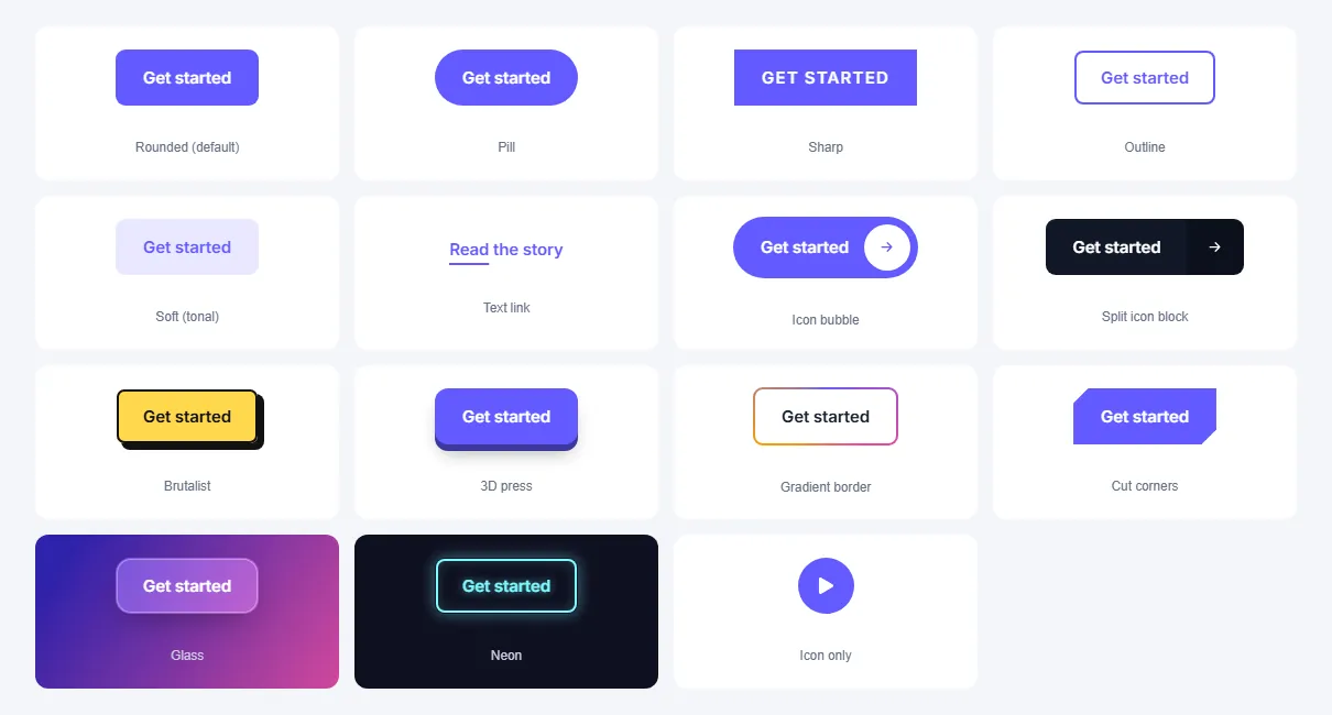 Fifteen Elementor button shapes: pill, outline, brutalist, 3D, gradient border, glass, neon