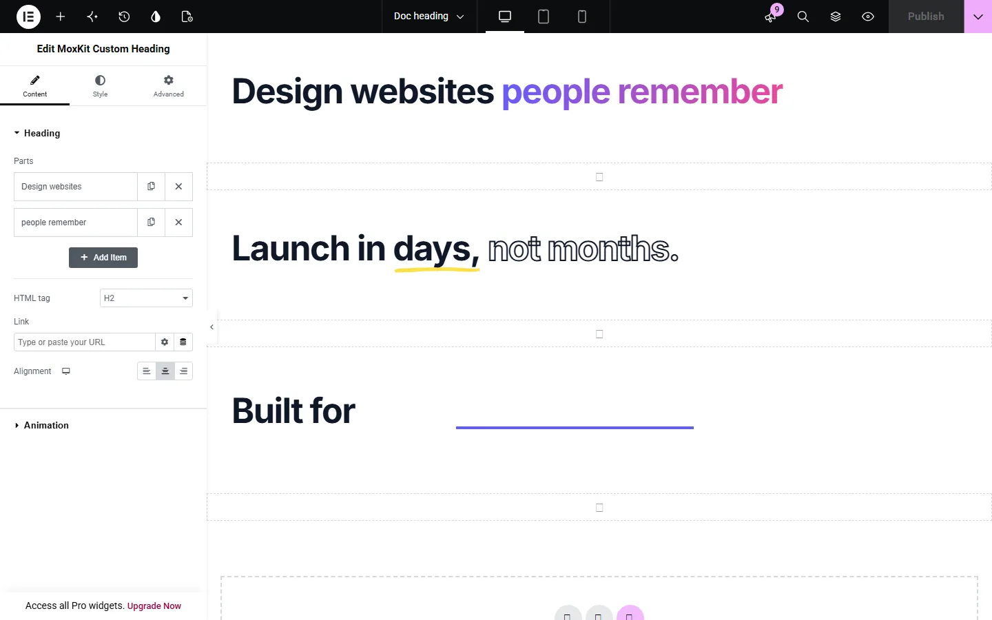 Elementor animated heading: custom Heading parts in the Elementor editor