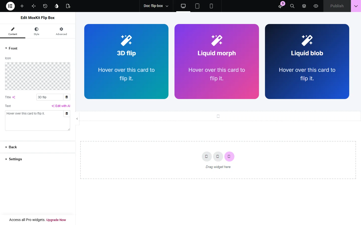 Elementor flip box widget: flip Box settings in the Elementor editor