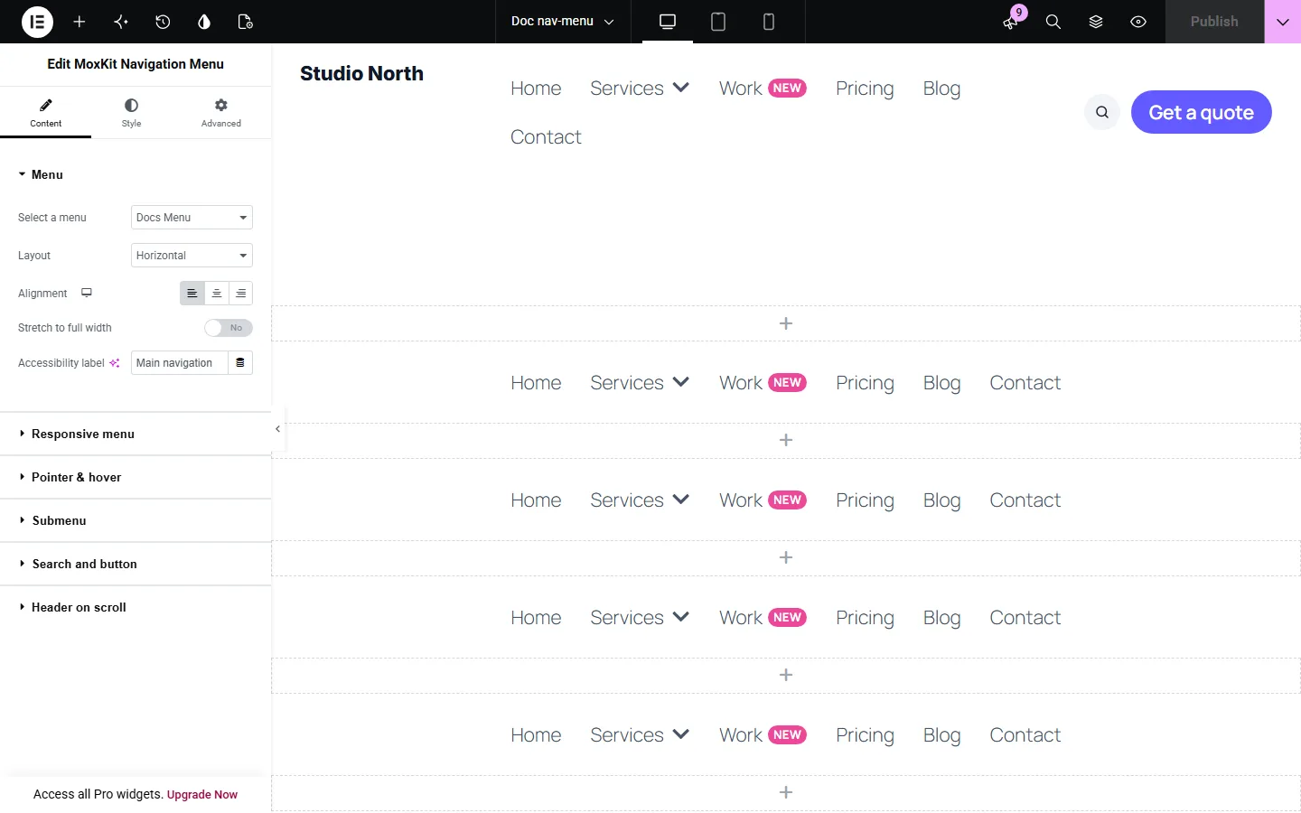 Elementor navigation menu widget: navigation Menu settings in the Elementor editor