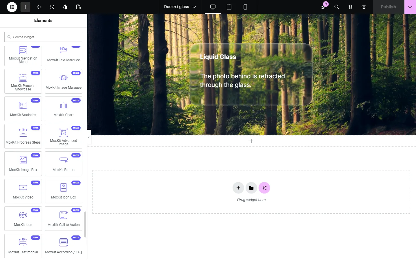 MoxKit Addons category in the Elementor widget panel