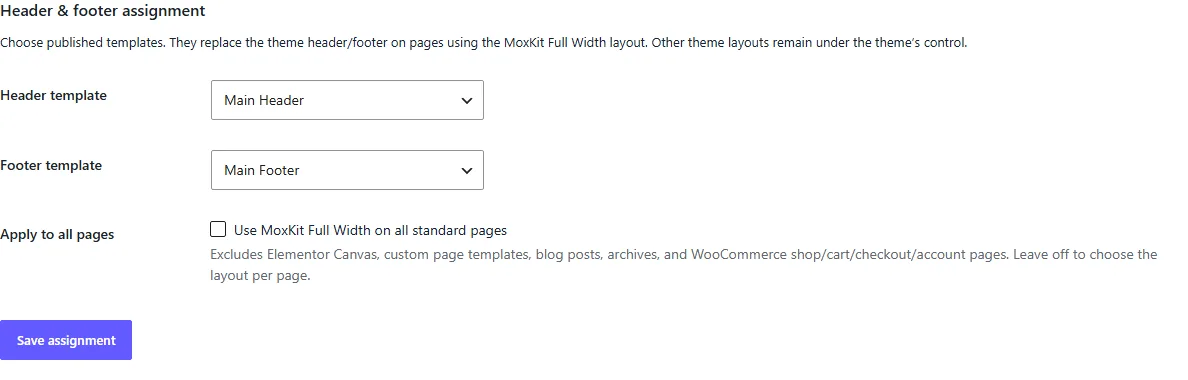 Header and footer assignment settings in MoxKit