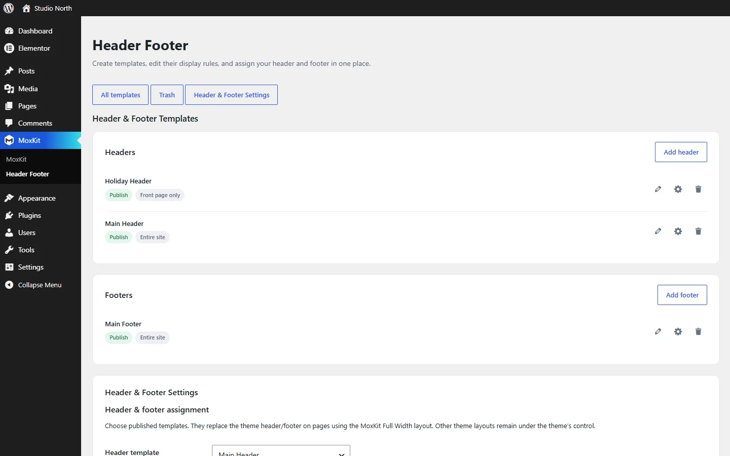 Elementor header footer builder in MoxKit: list of header and footer templates