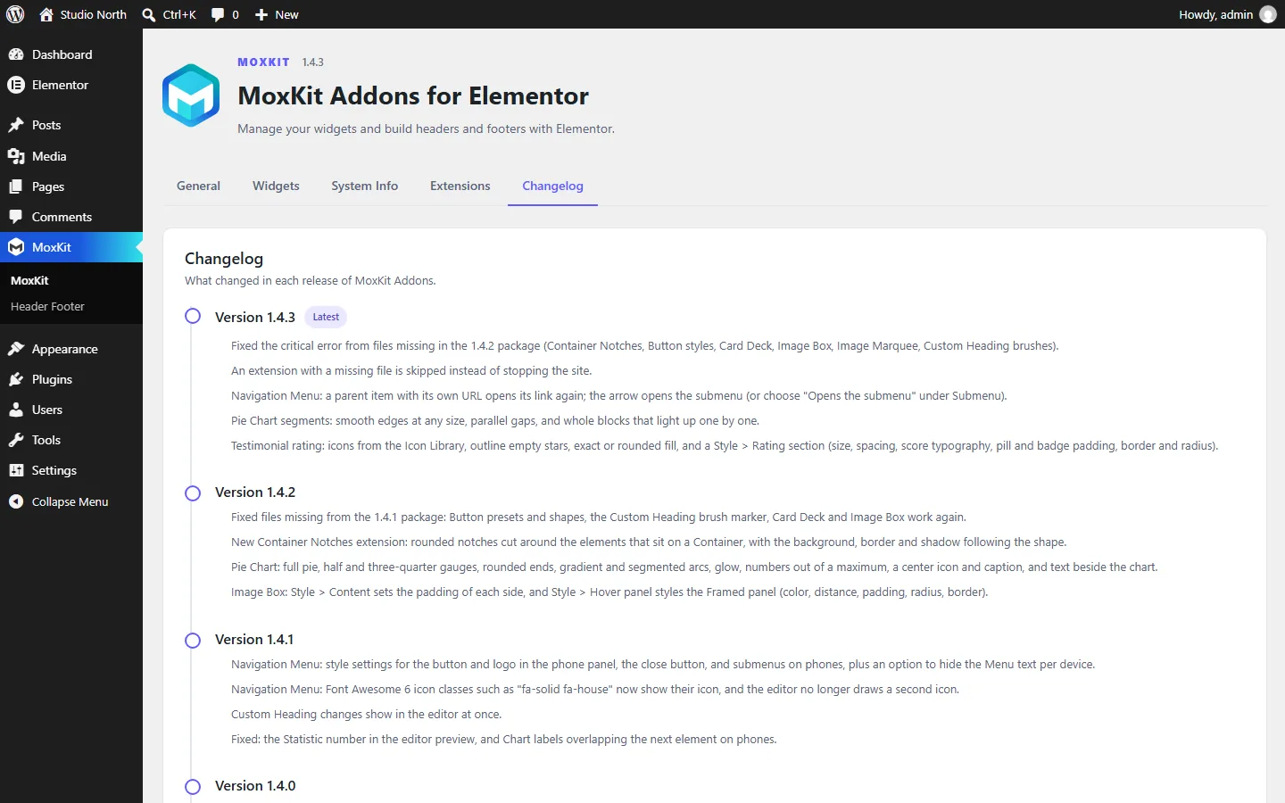 MoxKit changelog tab in the WordPress dashboard