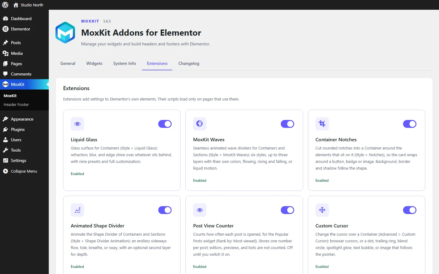 Elementor extensions switches in the MoxKit dashboard