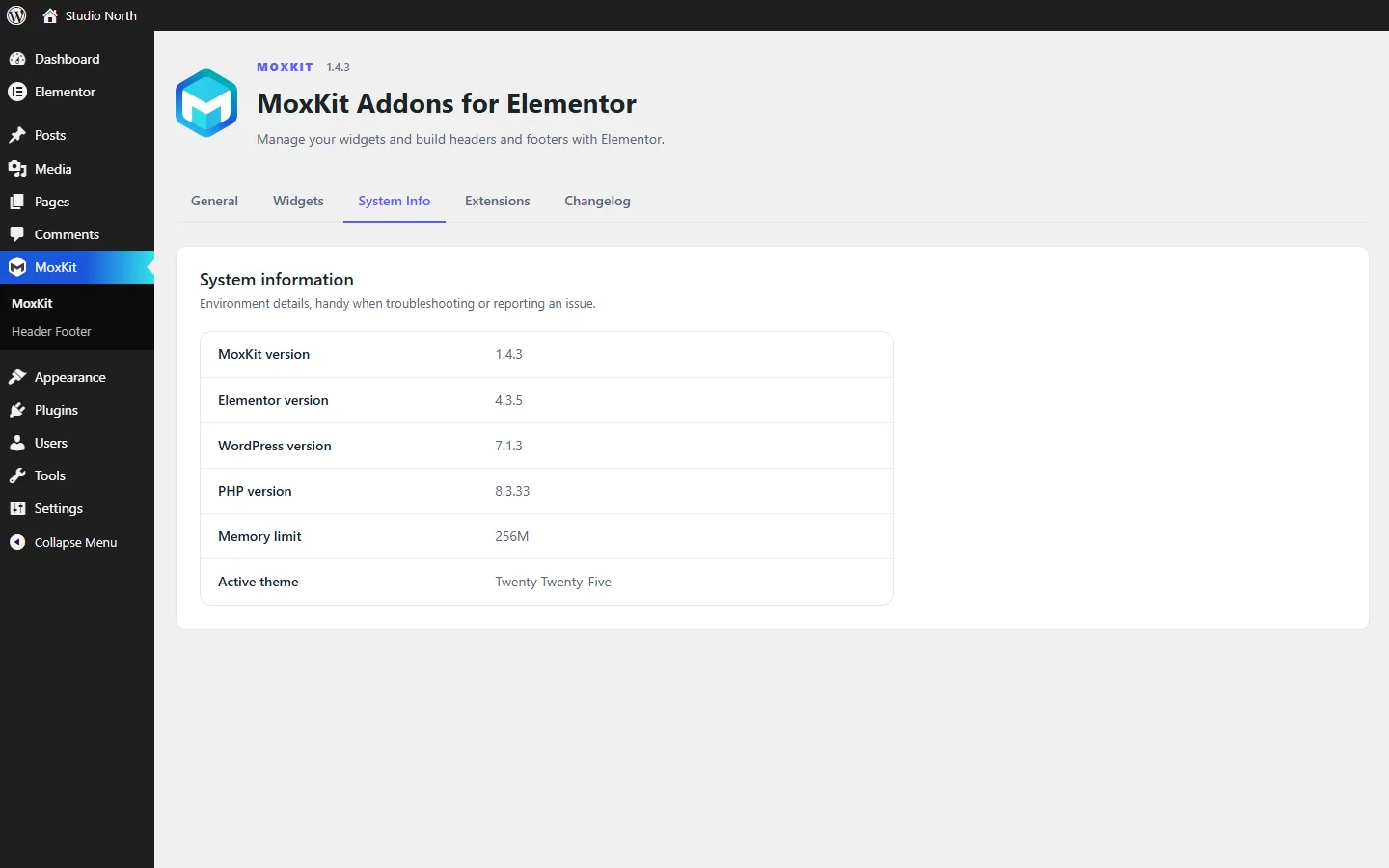 MoxKit dashboard System Info tab