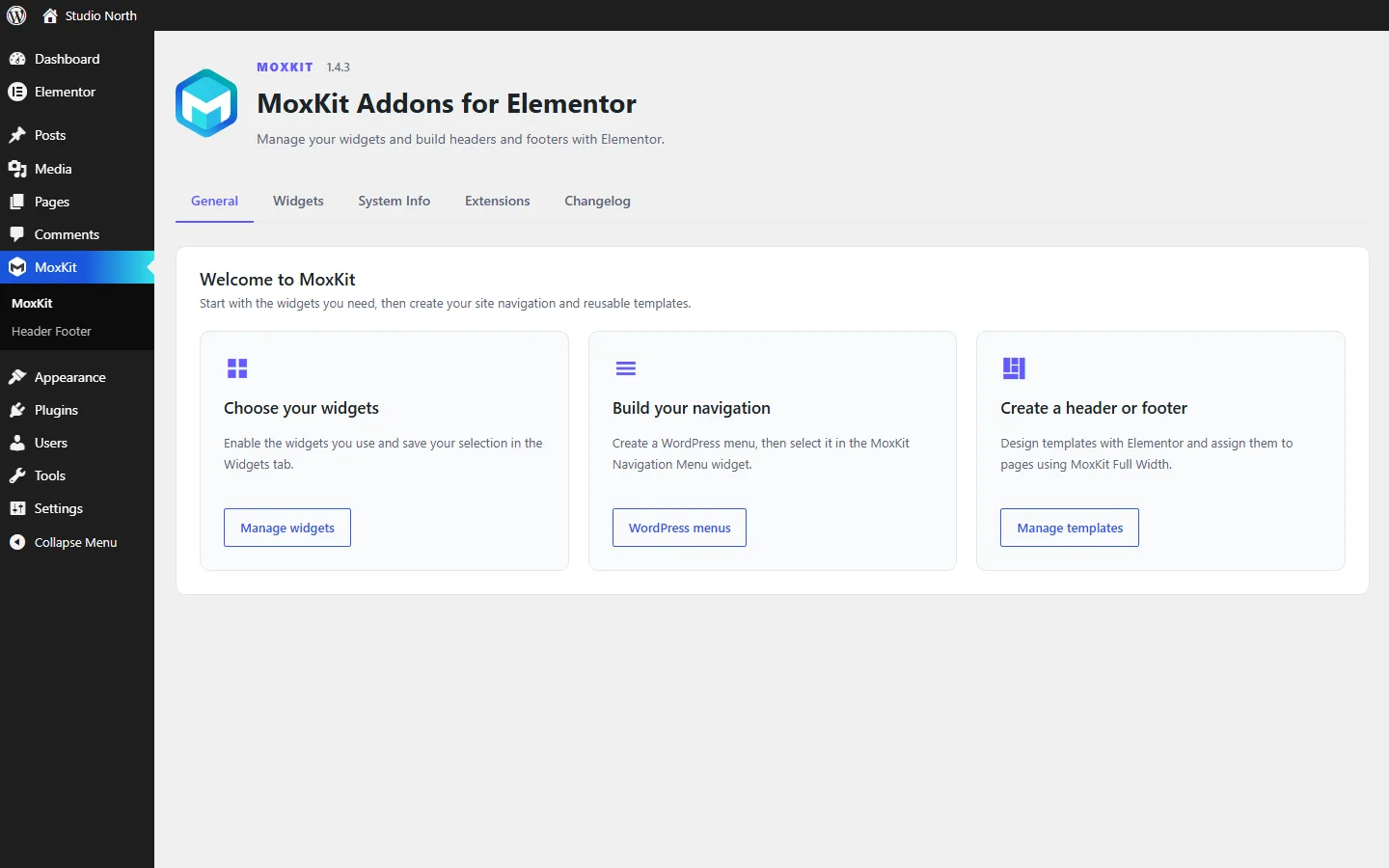 Install MoxKit Addons for Elementor: the MoxKit dashboard after activation