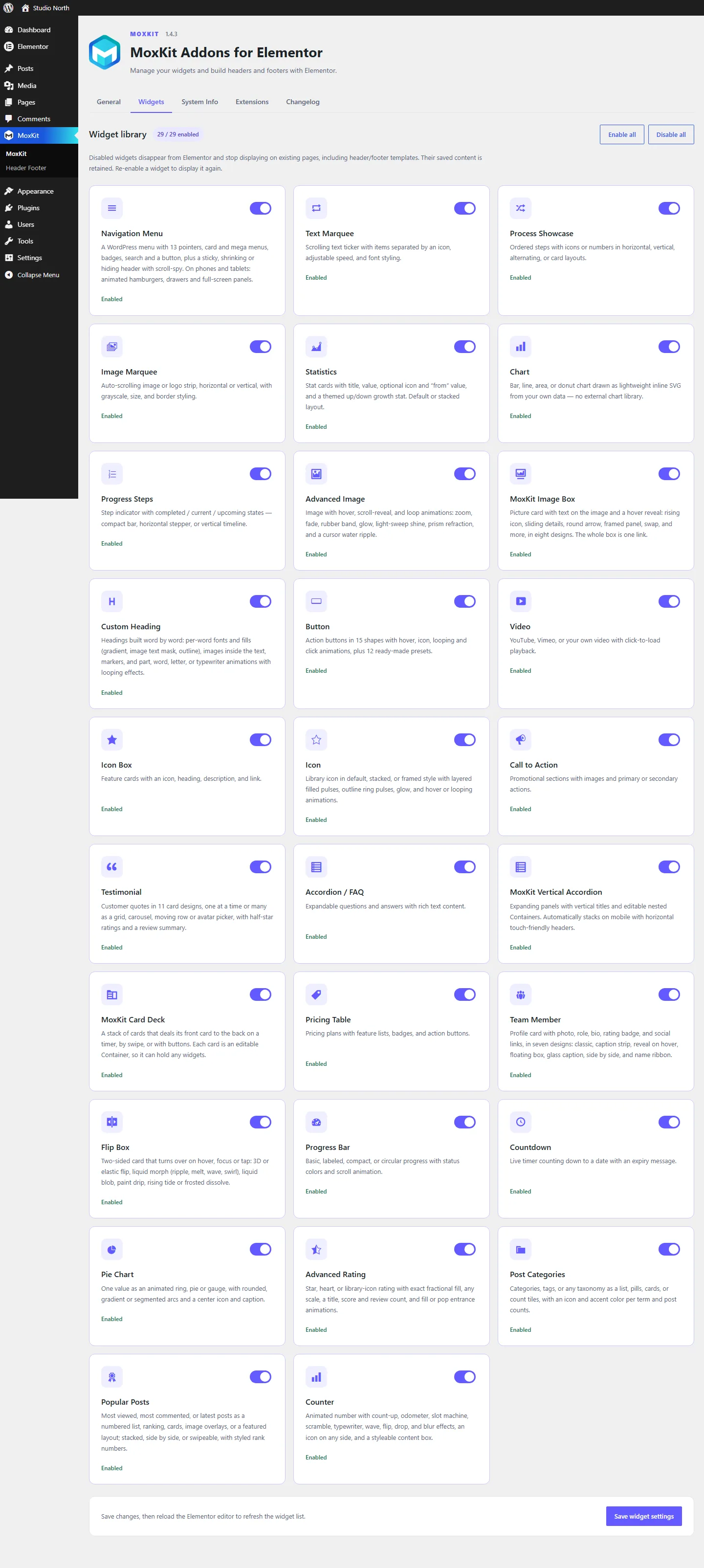 MoxKit dashboard Widgets tab with a switch for every widget
