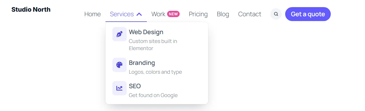 Elementor navigation menu widget with a card submenu, search and button