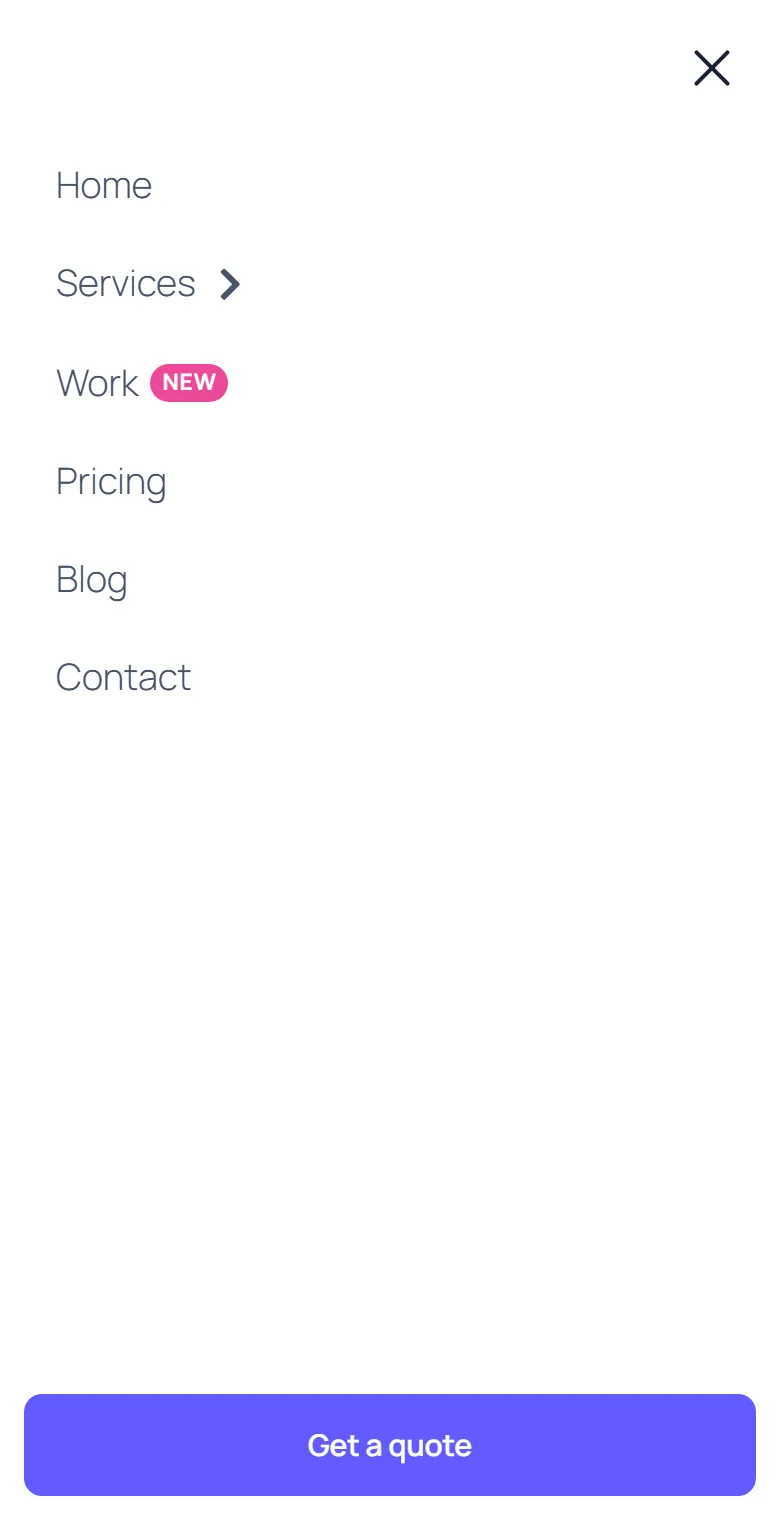 Mobile hamburger menu opened as an off-canvas panel in Elementor