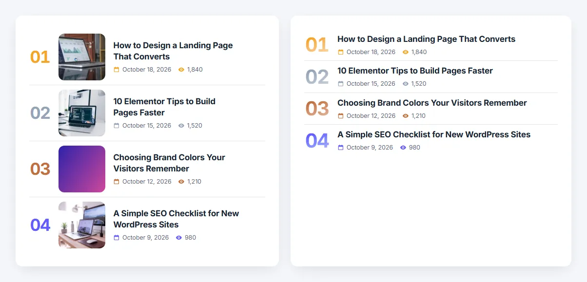 Elementor popular posts widget: numbered list and text ranking