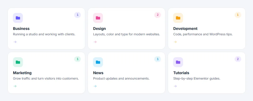 Category cards with icons and post counts