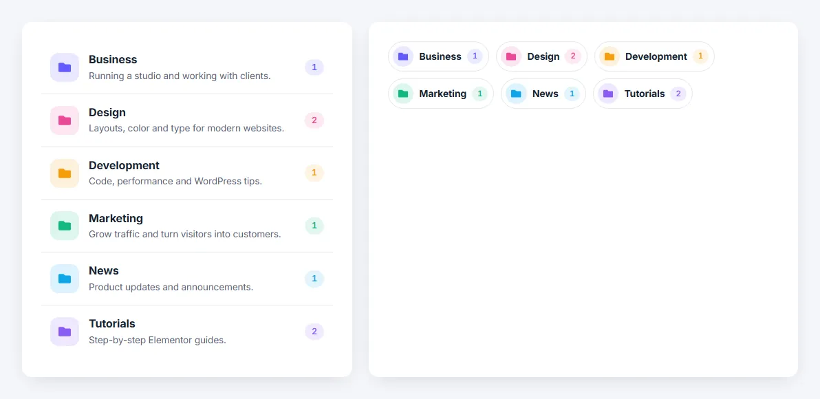Elementor post categories widget as a list and pills