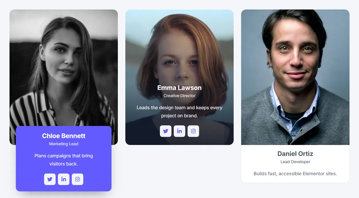 Team member floating caption and reveal on hover