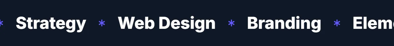 Large scrolling text marquee on a dark background in Elementor